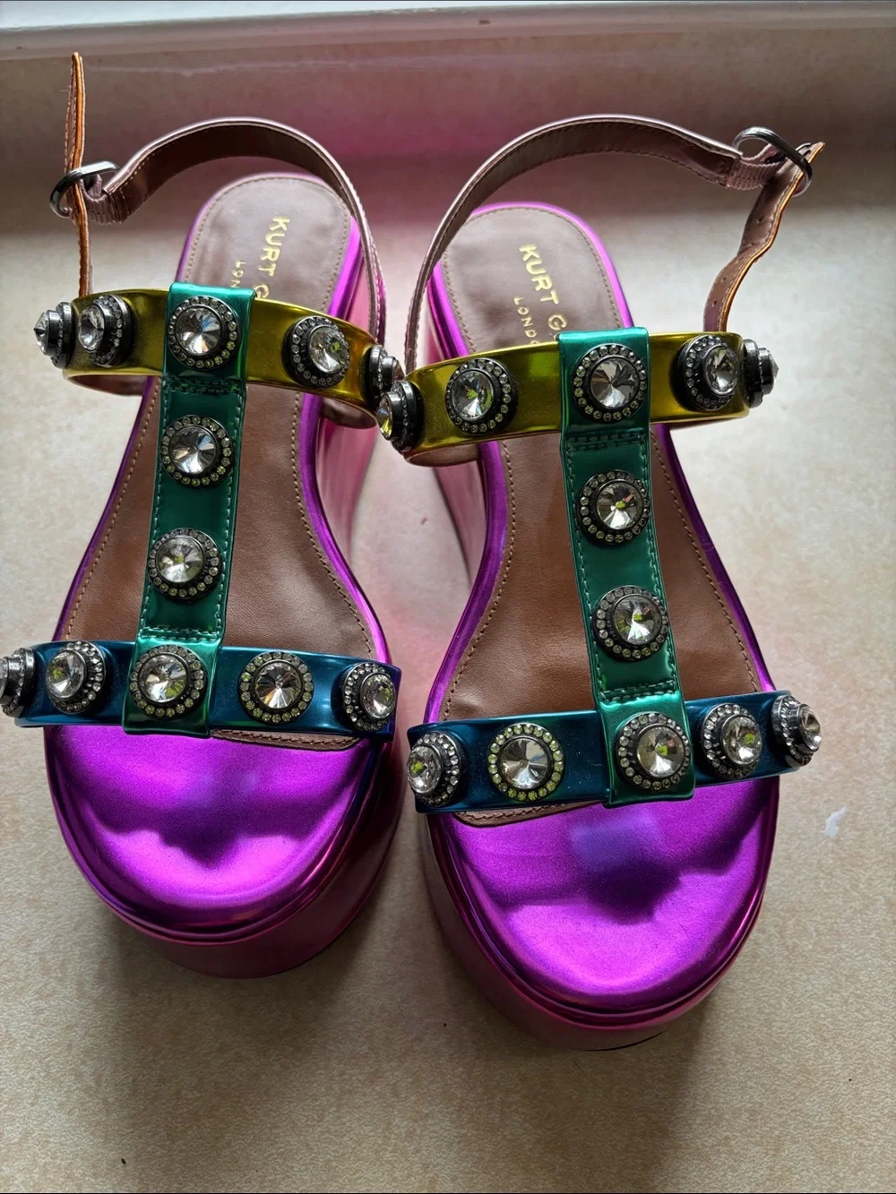 Kurt Geiger Fuchsia Metallic Jeweled T-Strap Platform Sandals